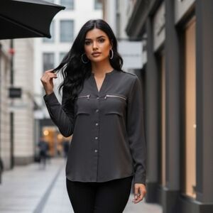 Calvin Klein Charcoal Roll Sleeve Mandarin Collar Exposed Zip Blouse Siz…